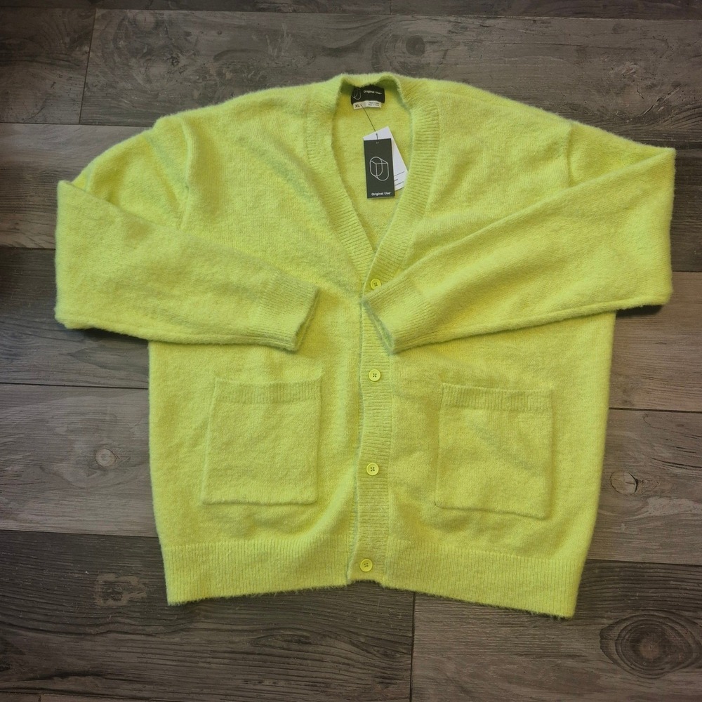 Orginal Use  Mens Neon Yellow Fuzzy Knit Cardigan Sweater Recycled Polyester XL